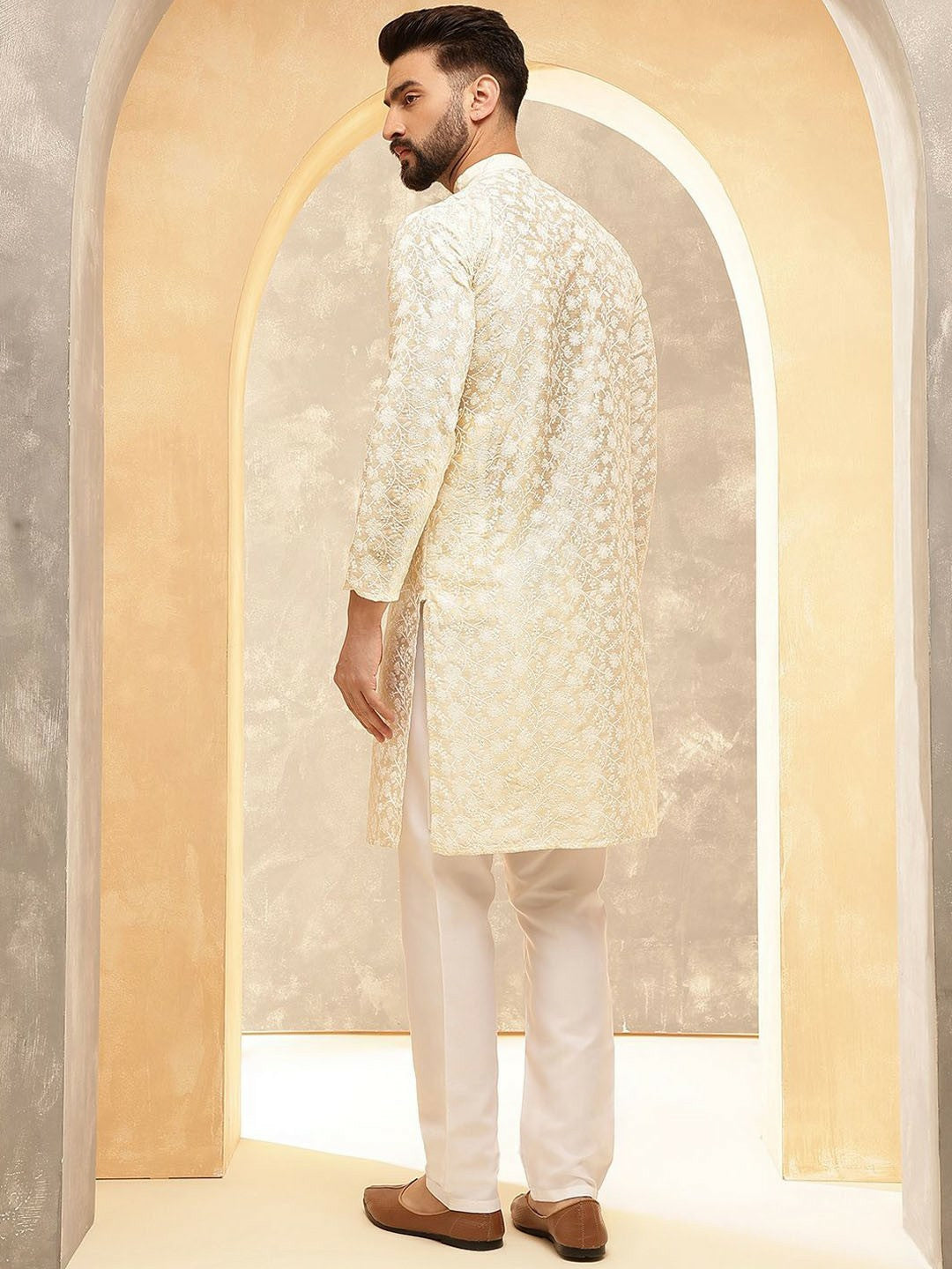 Men’s Cream Floral Embroidered Kurta with White Trousers – Understated Festive Charm
