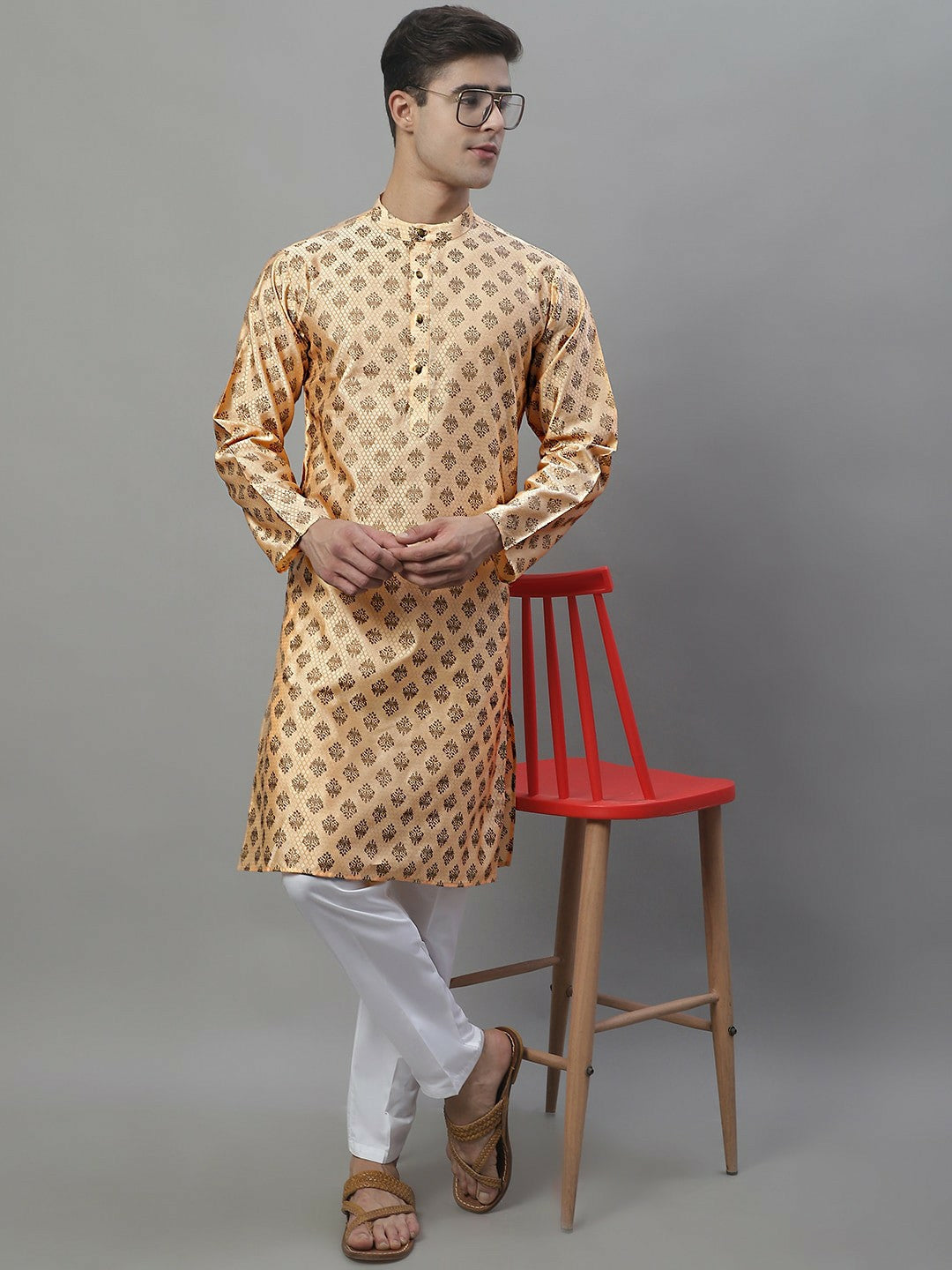 Men’s Peach & White Ethnic Motif Kurta with Pyjamas – Understated Elegance for Festive Moments