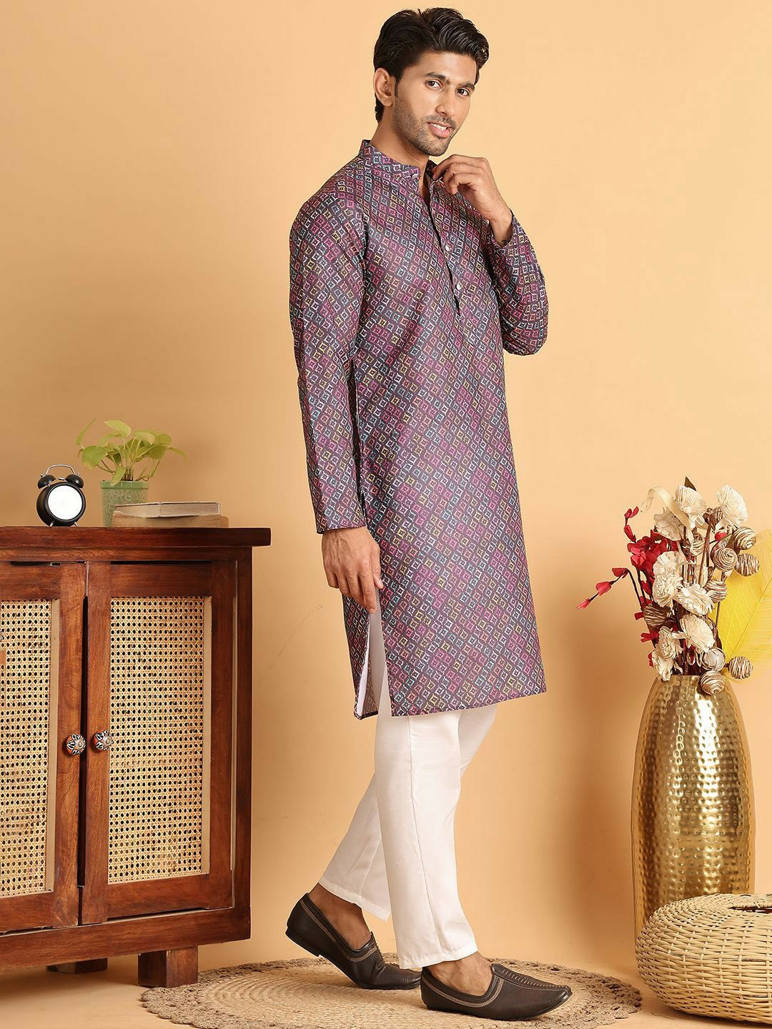 Men’s Purple Geometric Printed Kurta Set with Pyjamas