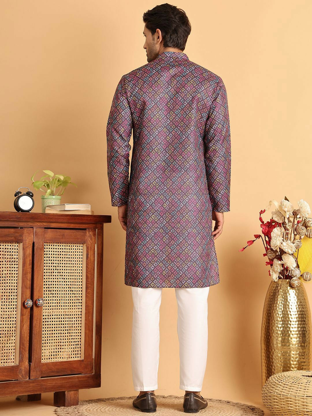 Men’s Purple Geometric Printed Kurta Set with Pyjamas
