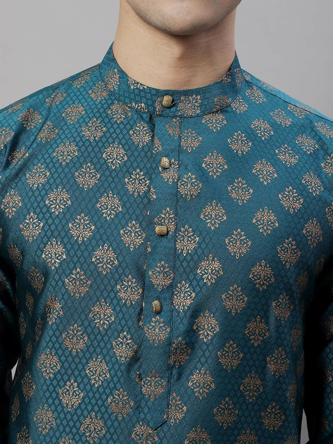 Men’s Teal Blue & Gold Woven Kurta Set – Rich Heritage, Modern Elegance