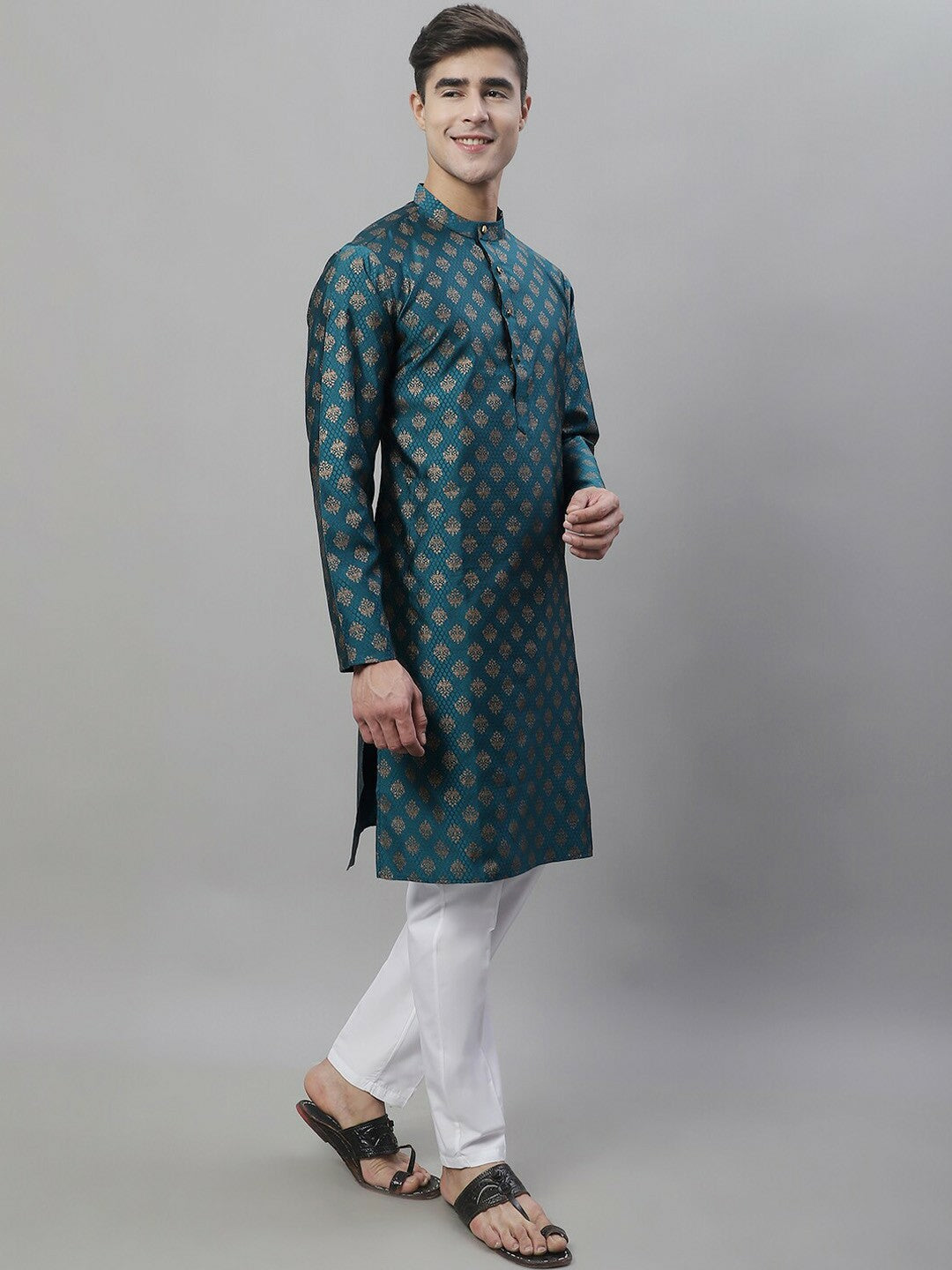 Men’s Teal Blue & Gold Woven Kurta Set – Rich Heritage, Modern Elegance