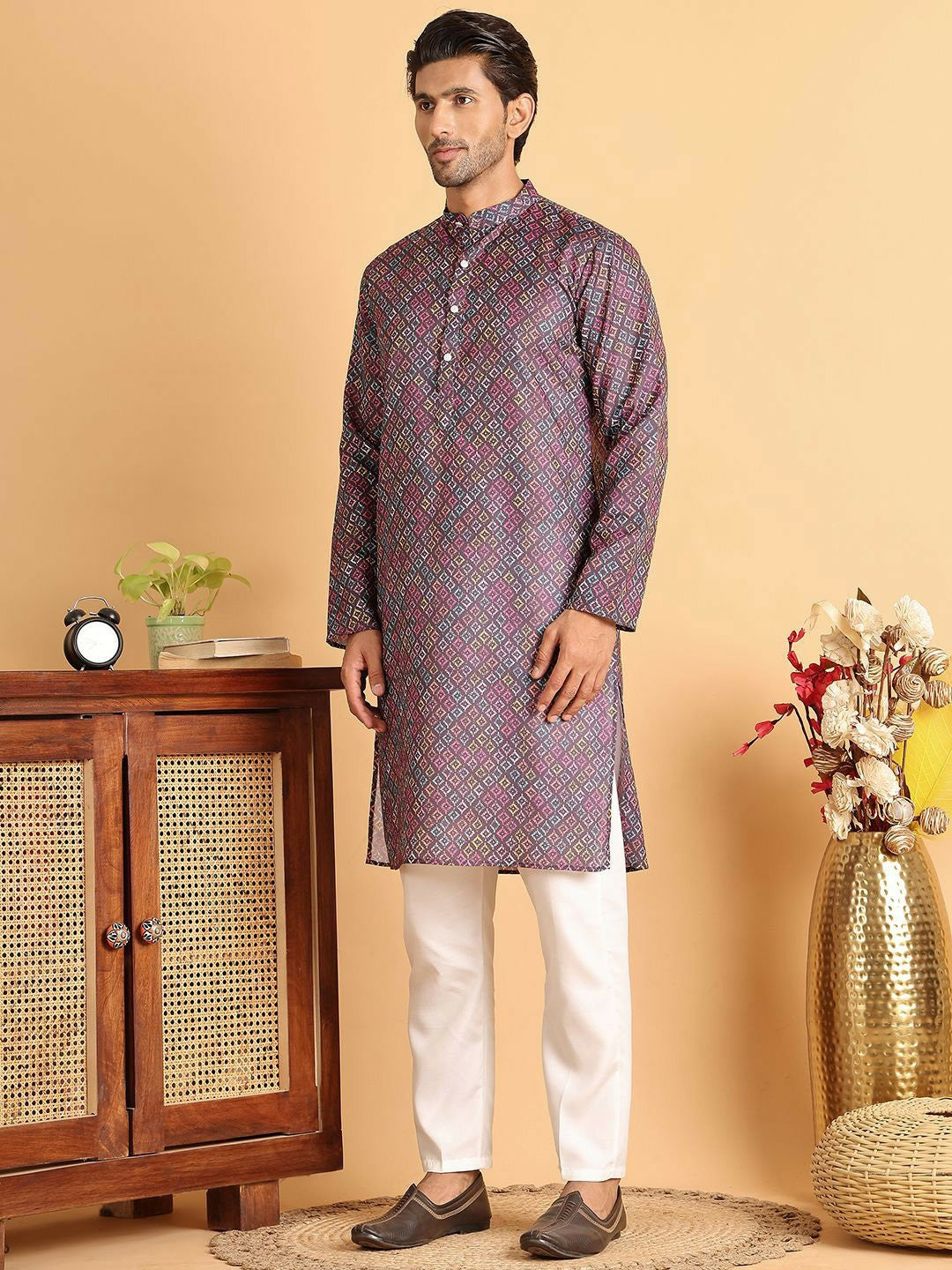 Men’s Purple Geometric Printed Kurta Set with Pyjamas