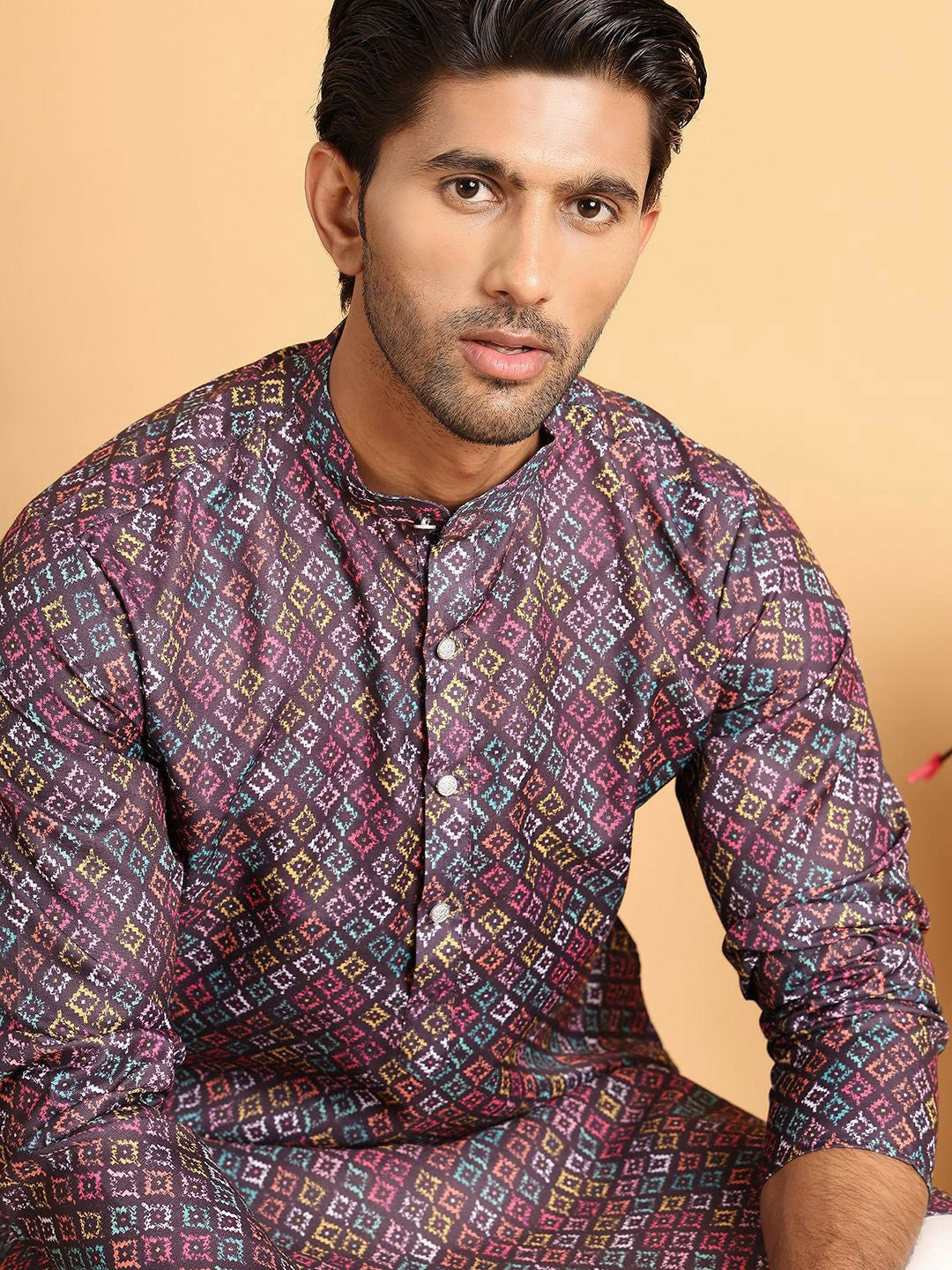 Men’s Purple Geometric Printed Kurta Set with Pyjamas