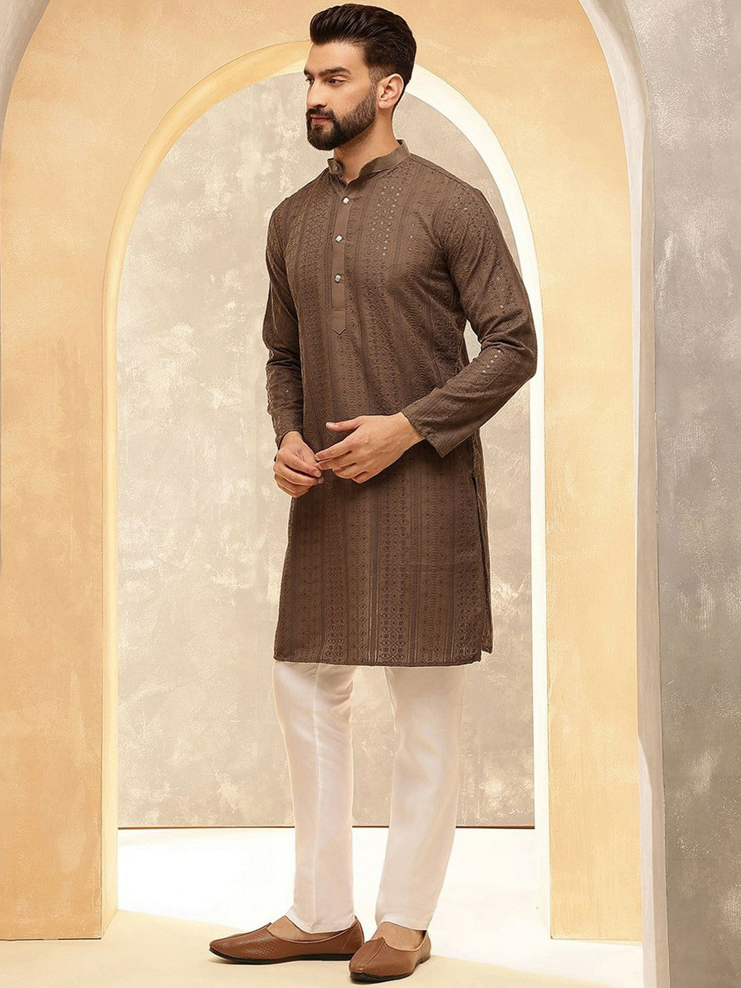 Men’s Dark Brown Embroidered Kurta Set with Pyjamas