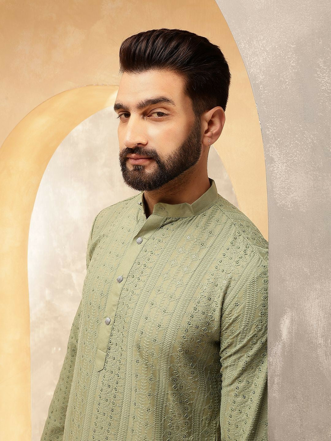Men’s Green Embroidered Kurta Set with Pyjamas