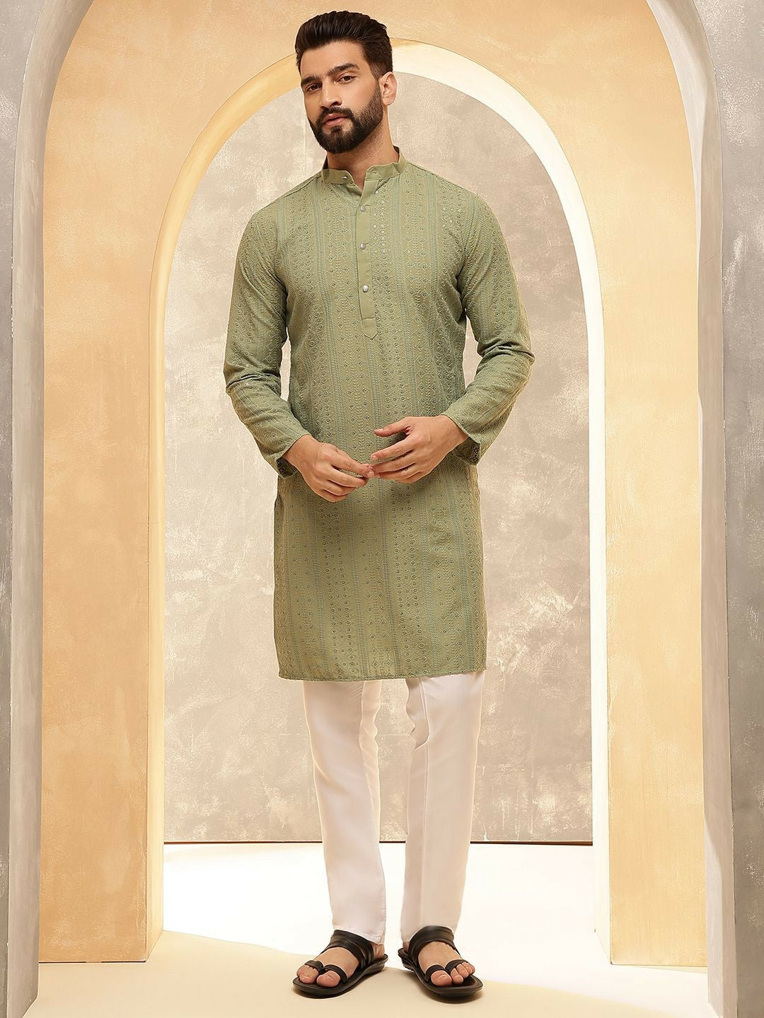 Men’s Green Embroidered Kurta Set with Pyjamas