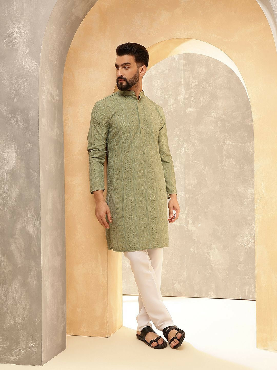 Men’s Green Embroidered Kurta Set with Pyjamas