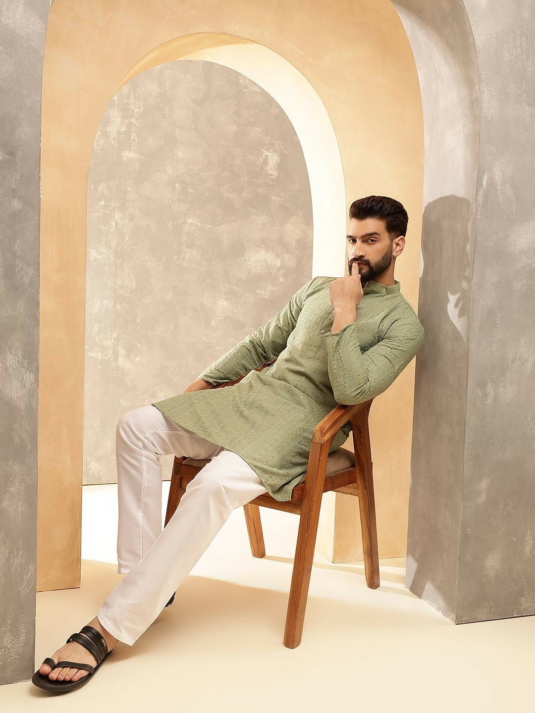 Men’s Green Embroidered Kurta Set with Pyjamas