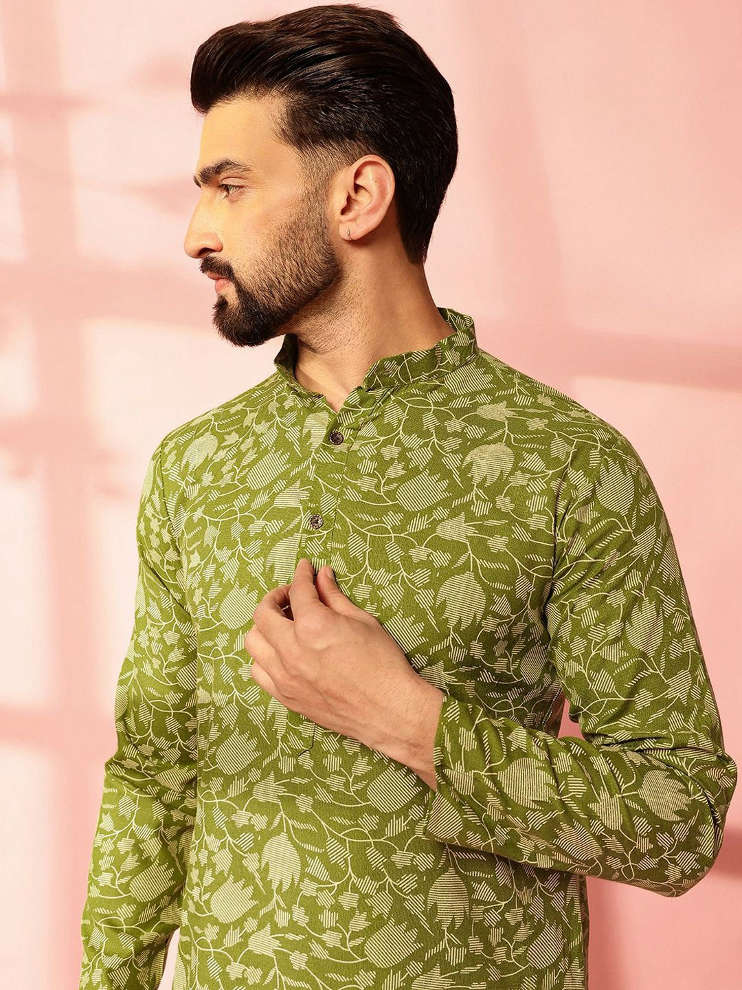 Men’s Green Floral Printed Kurta Set with Pyjamas