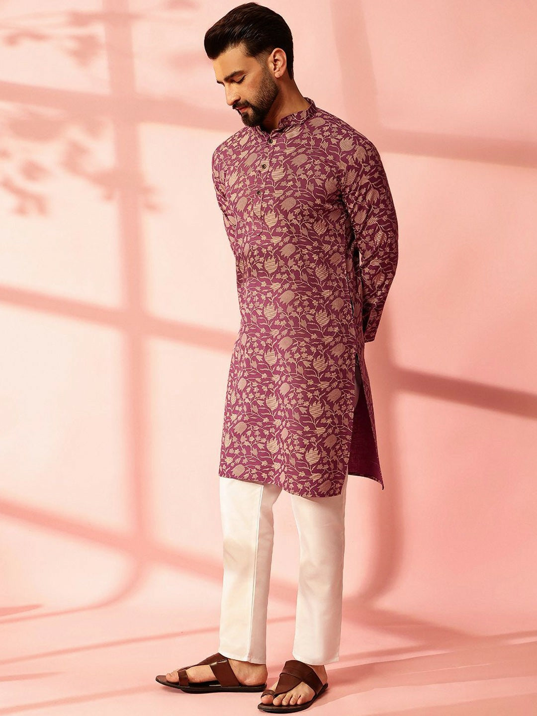 Men’s Purple Floral Printed Kurta Set with Pyjamas