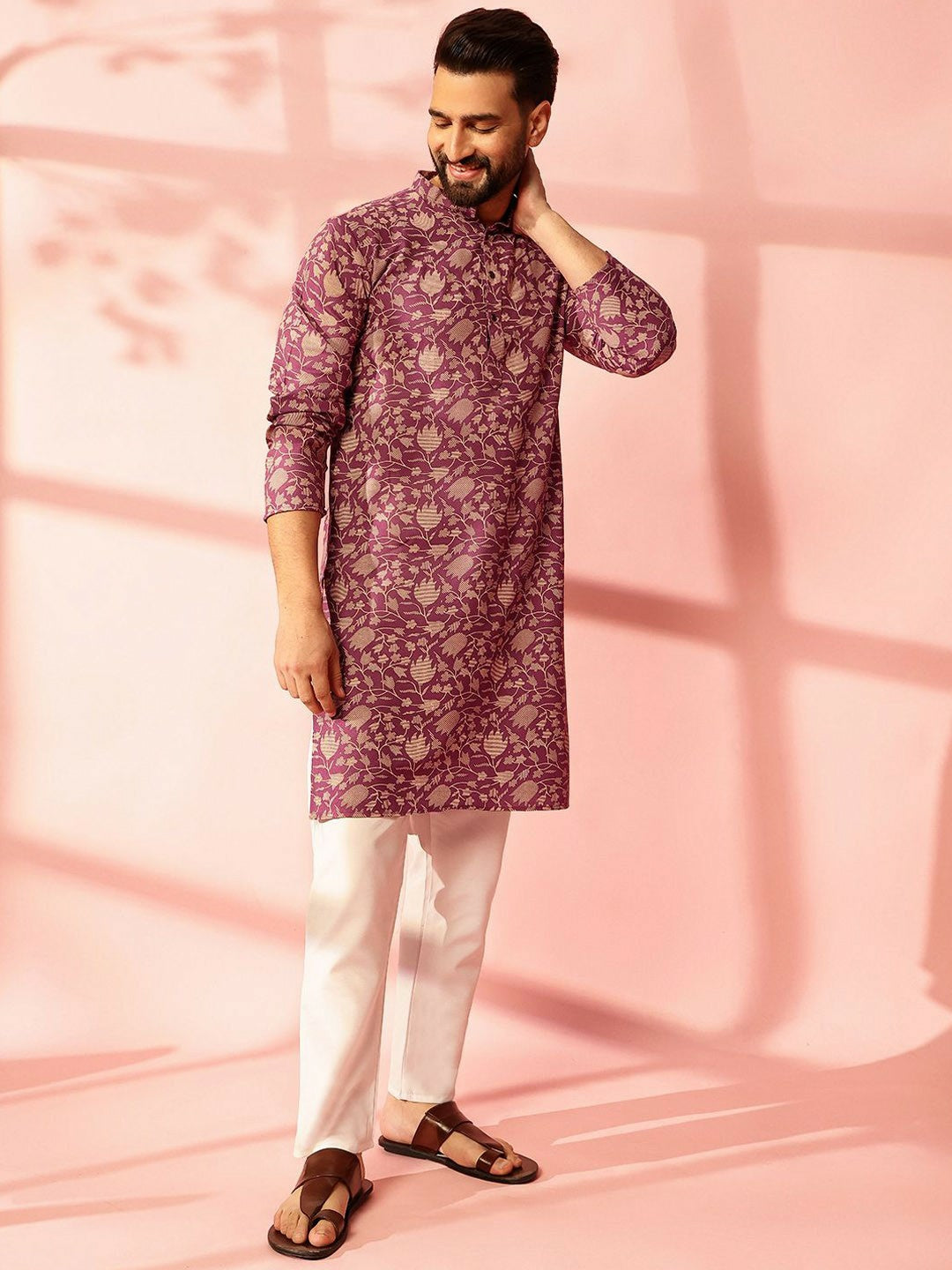 Men’s Purple Floral Printed Kurta Set with Pyjamas