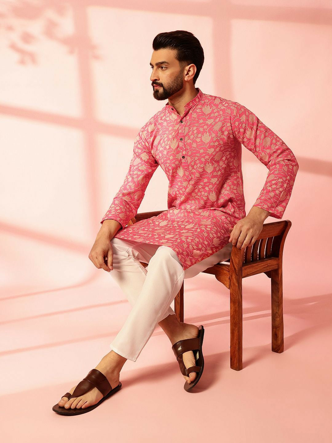 Men’s Pink Floral Printed Kurta Set with Pyjamas