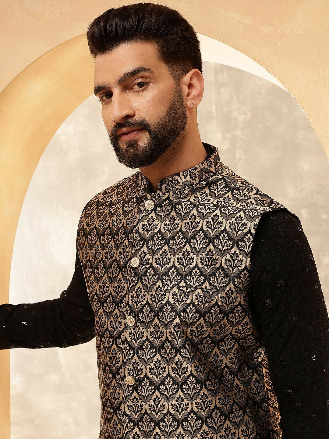 Men’s Black Embroidered Kurta Set with Pyjamas & Nehru Jacket