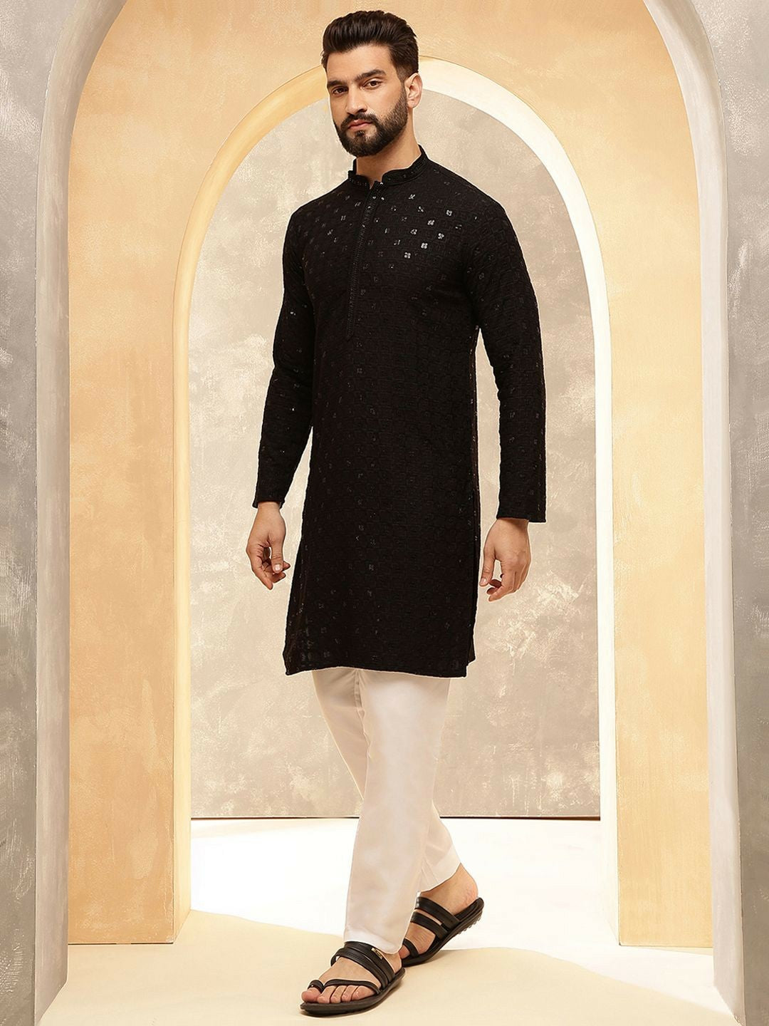 Men’s Black Embroidered Kurta Set with Pyjamas & Nehru Jacket