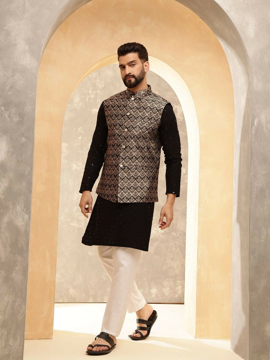Men’s Black Embroidered Kurta Set with Pyjamas & Nehru Jacket