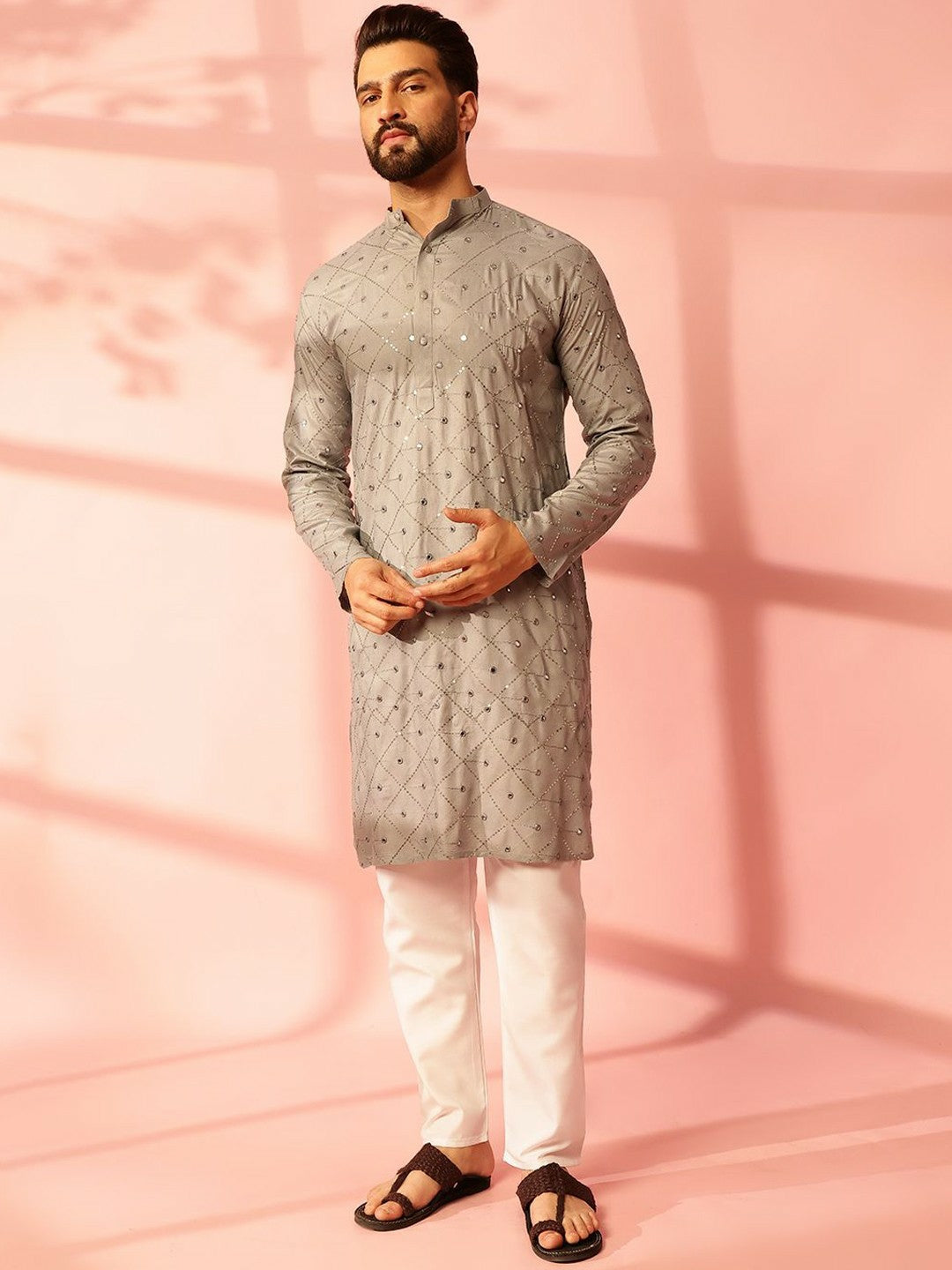 Men’s Grey Embroidered Kurta Set with Mirror Work & Pyjamas