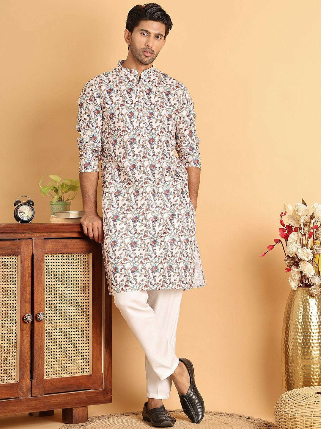 Men's Cream Floral Printed Cotton Blend Kurta Set with Pyjamas