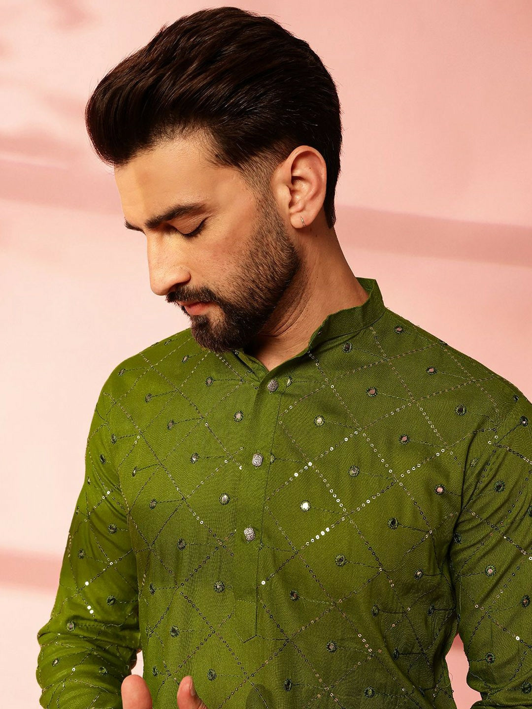 Men’s Green Mirror Work Embroidered Kurta Pyjama Set – Pure Cotton