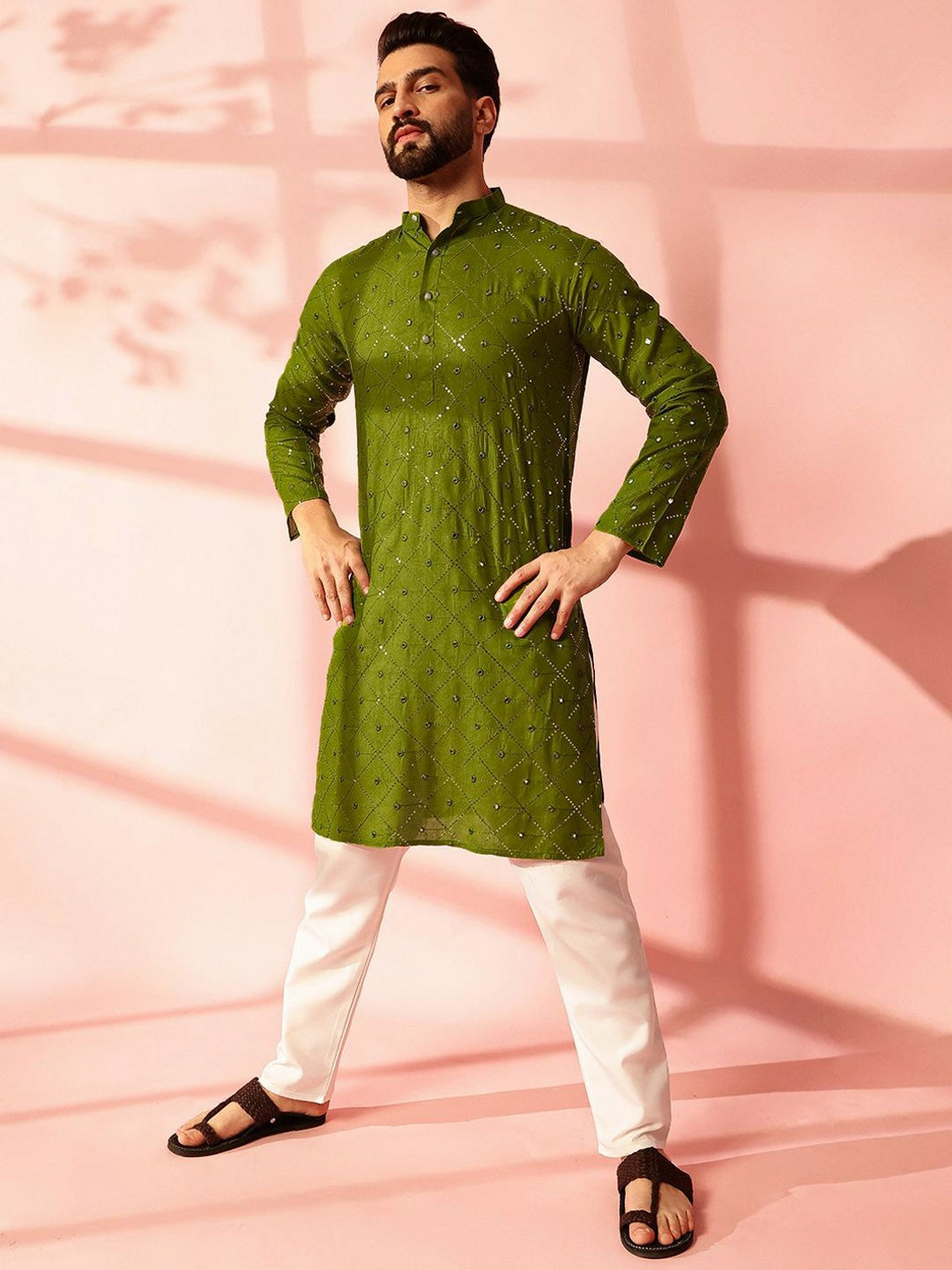 Men’s Green Mirror Work Embroidered Kurta Pyjama Set – Pure Cotton