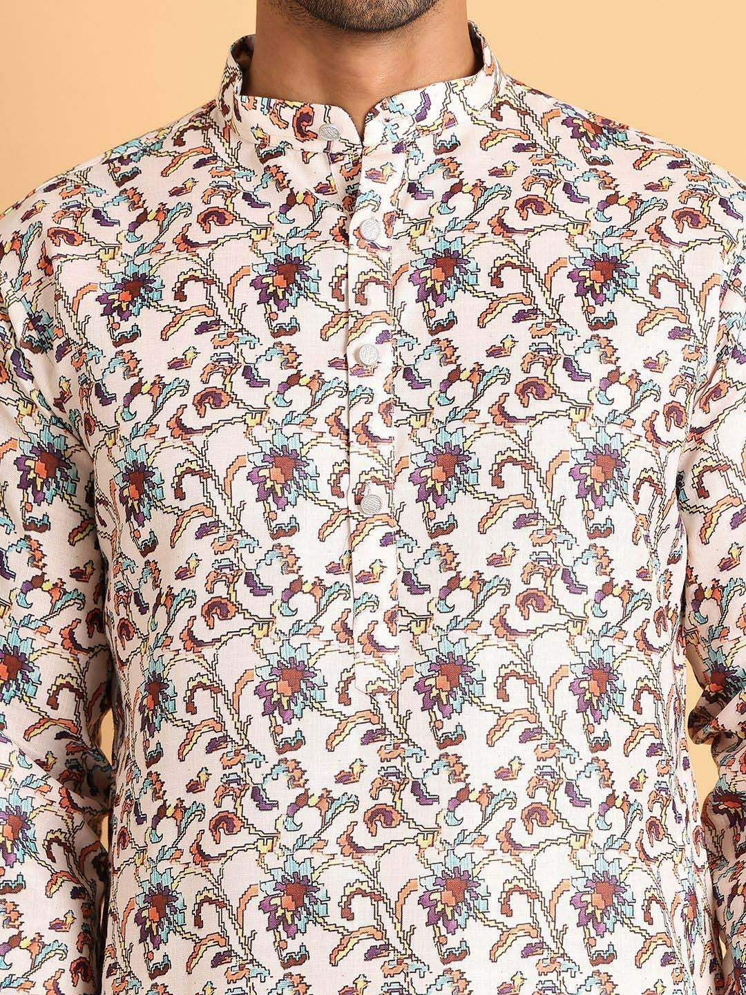 Men's Cream Floral Printed Cotton Blend Kurta Set with Pyjamas