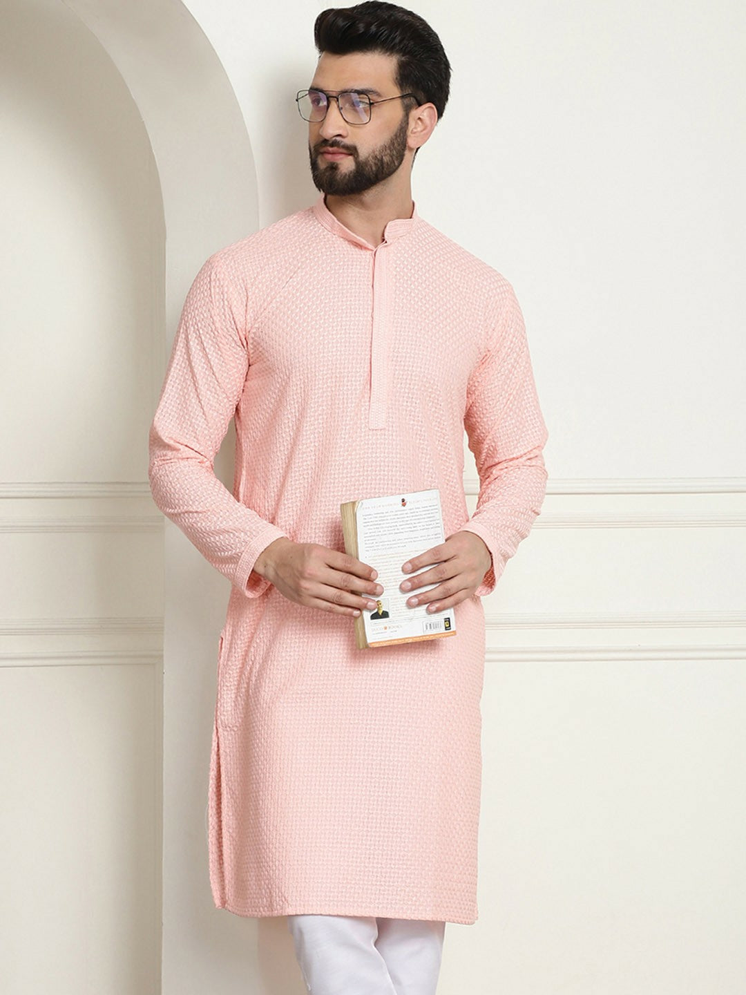 Peach-Coloured Geometric Embroidered Men’s Kurta – Mandarin Collar, Pure Cotton, Straight Fit | Indiaista