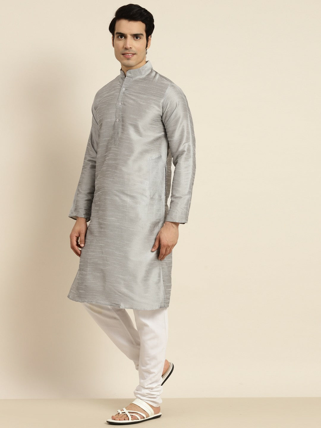 Men’s Silver-Toned Band Collar Kurta – Solid, Knee-Length, Regular Silk | Indiaista