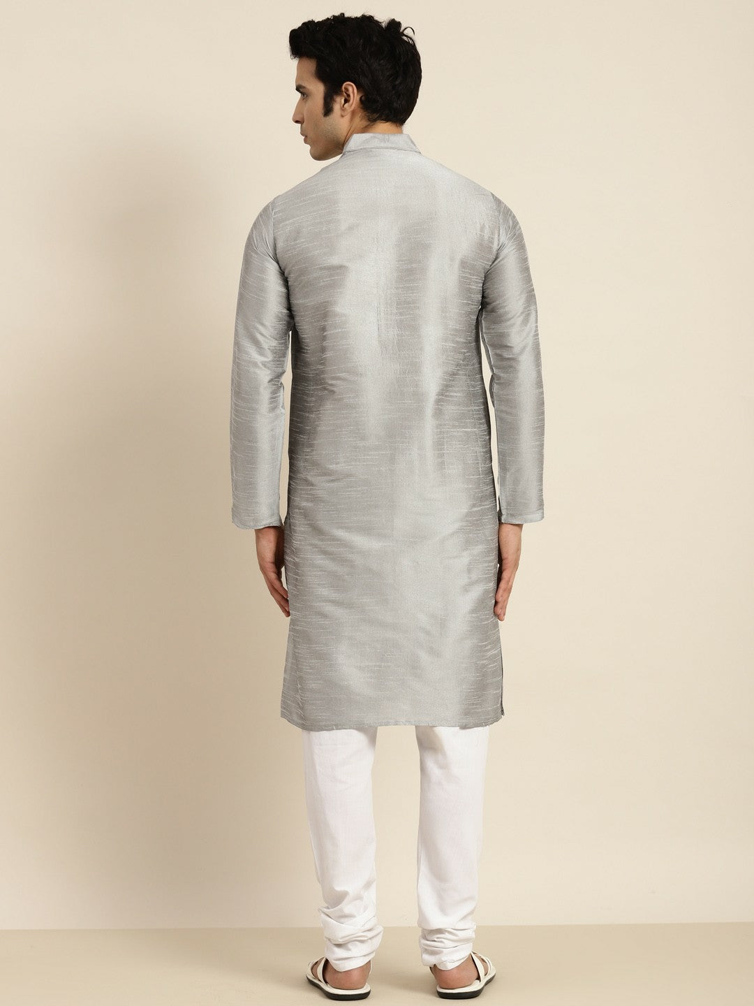 Men’s Silver-Toned Band Collar Kurta – Solid, Knee-Length, Regular Silk | Indiaista