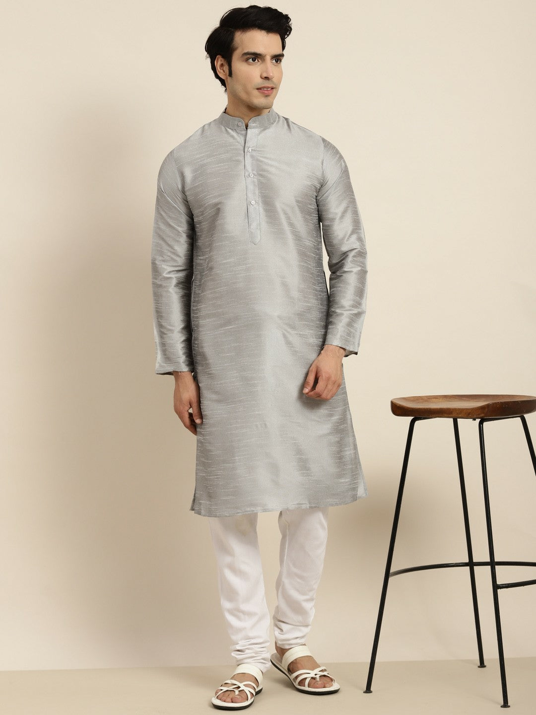 Men’s Silver-Toned Band Collar Kurta – Solid, Knee-Length, Regular Silk | Indiaista