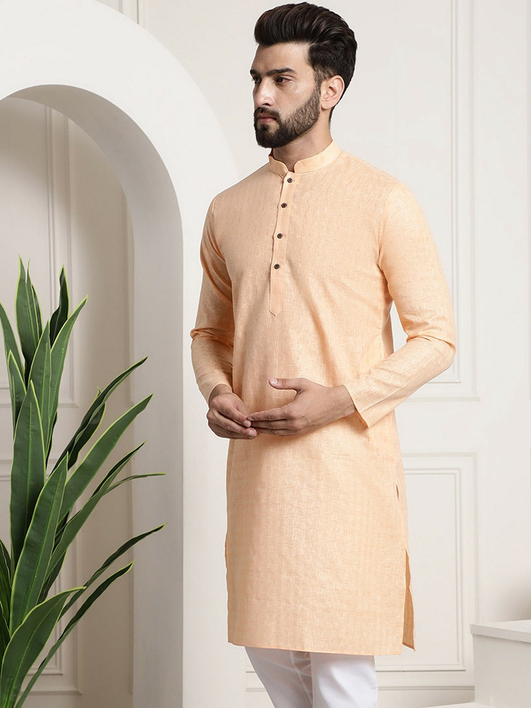 Men's Peach-Coloured Checked Dobby Cotton Kurta – Mandarin Collar, Knee-Length, Regular Fit | Indiaista