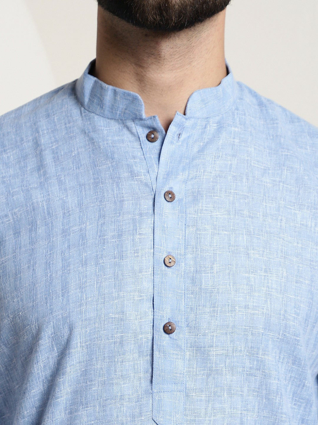 Men’s Blue Dobby Cotton Kurta – Mandarin Collar, Woven Design, Knee-Length | Indiaista