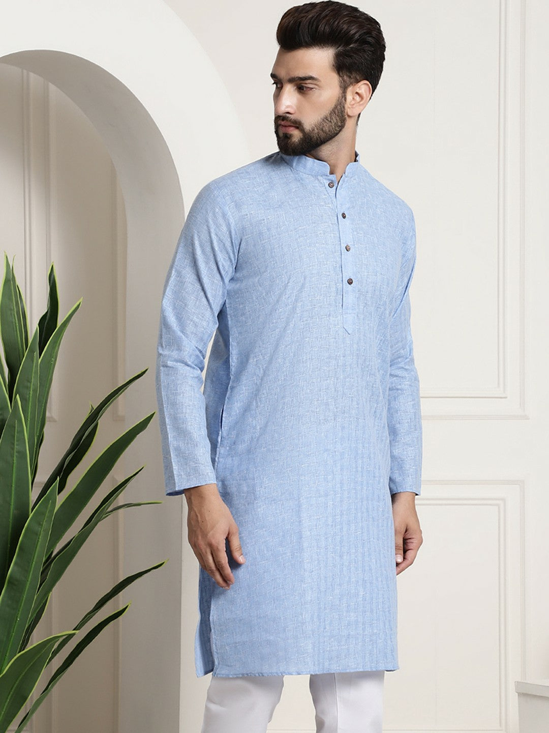 Men’s Blue Dobby Cotton Kurta – Mandarin Collar, Woven Design, Knee-Length | Indiaista