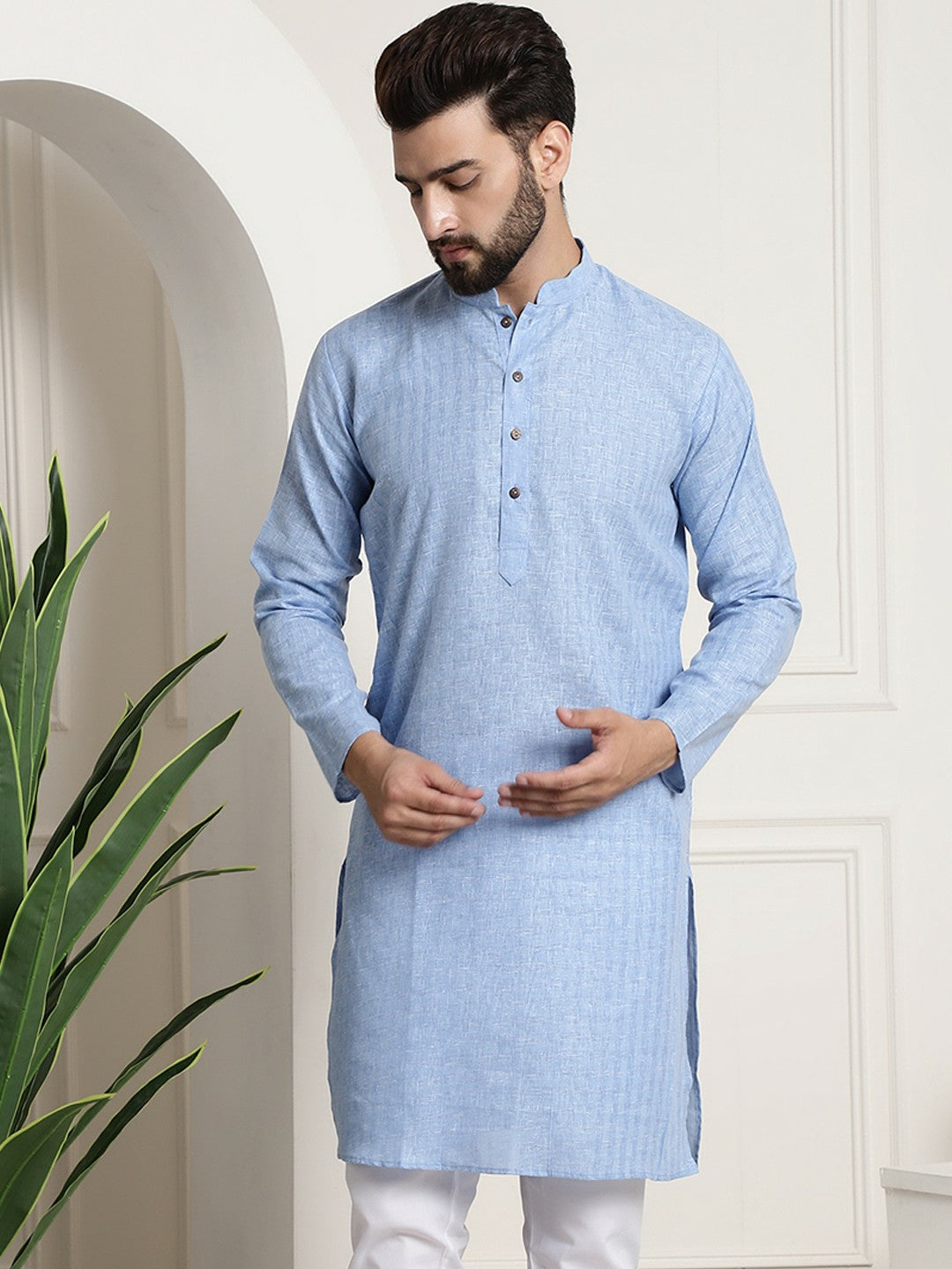 Men’s Blue Dobby Cotton Kurta – Mandarin Collar, Woven Design, Knee-Length | Indiaista