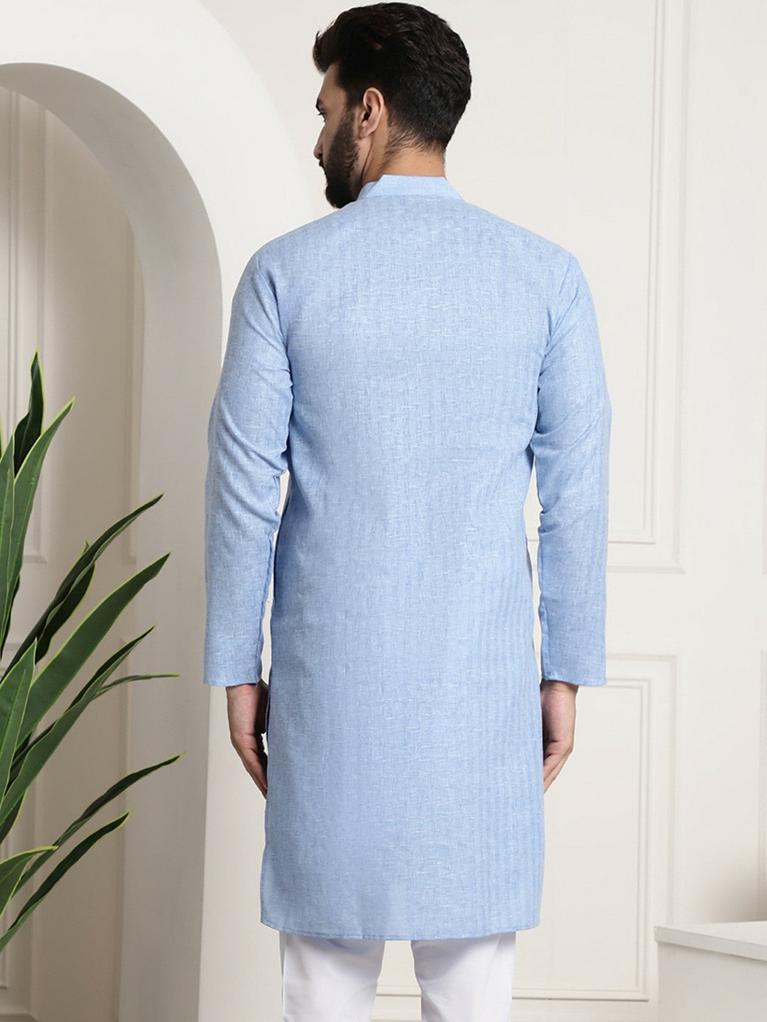 Men’s Blue Dobby Cotton Kurta – Mandarin Collar, Woven Design, Knee-Length | Indiaista