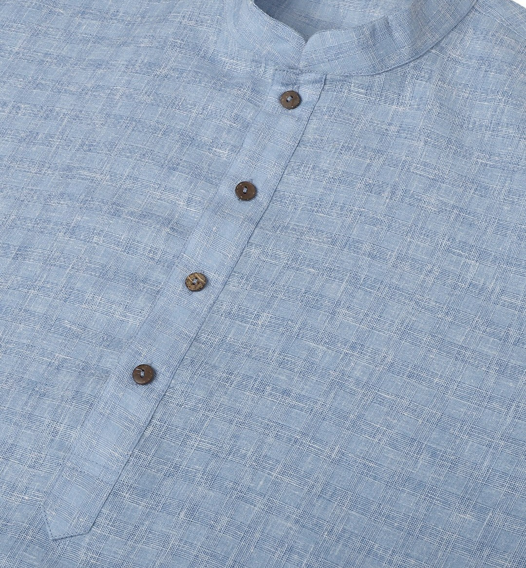 Men’s Blue Dobby Cotton Kurta – Mandarin Collar, Woven Design, Knee-Length | Indiaista