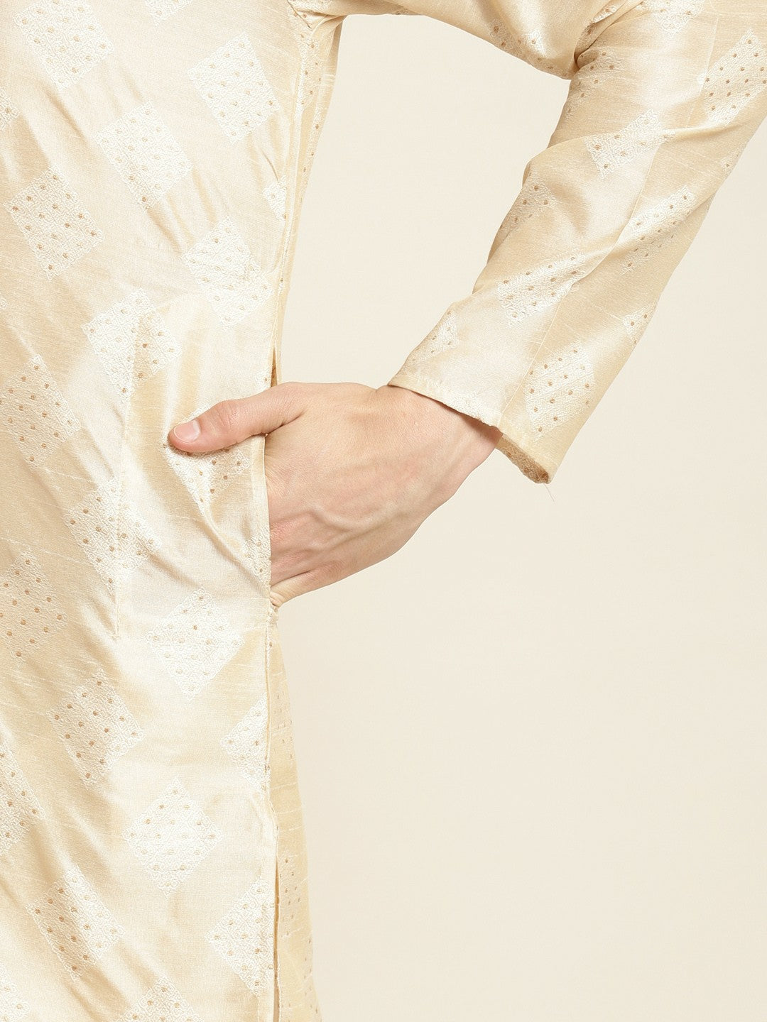 Men's Cream-Coloured & Golden Ethnic Motifs Kurta – Mandarin Collar, Silk Fabric, Knee Length | Indiaista