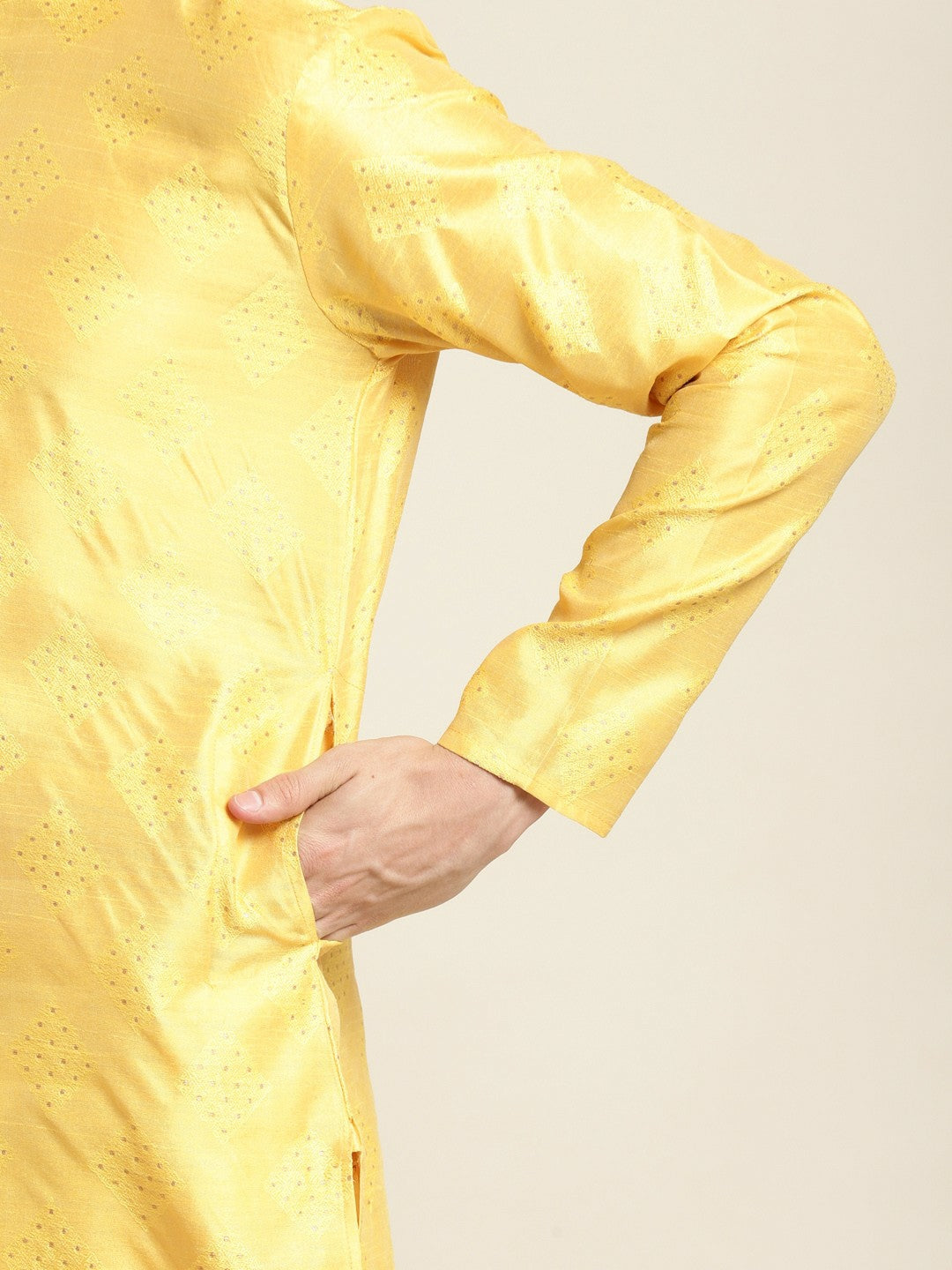 Men's Yellow & Golden Ethnic Motifs Kurta – Mandarin Collar, Silk Fabric, Knee-Length | Indiaista