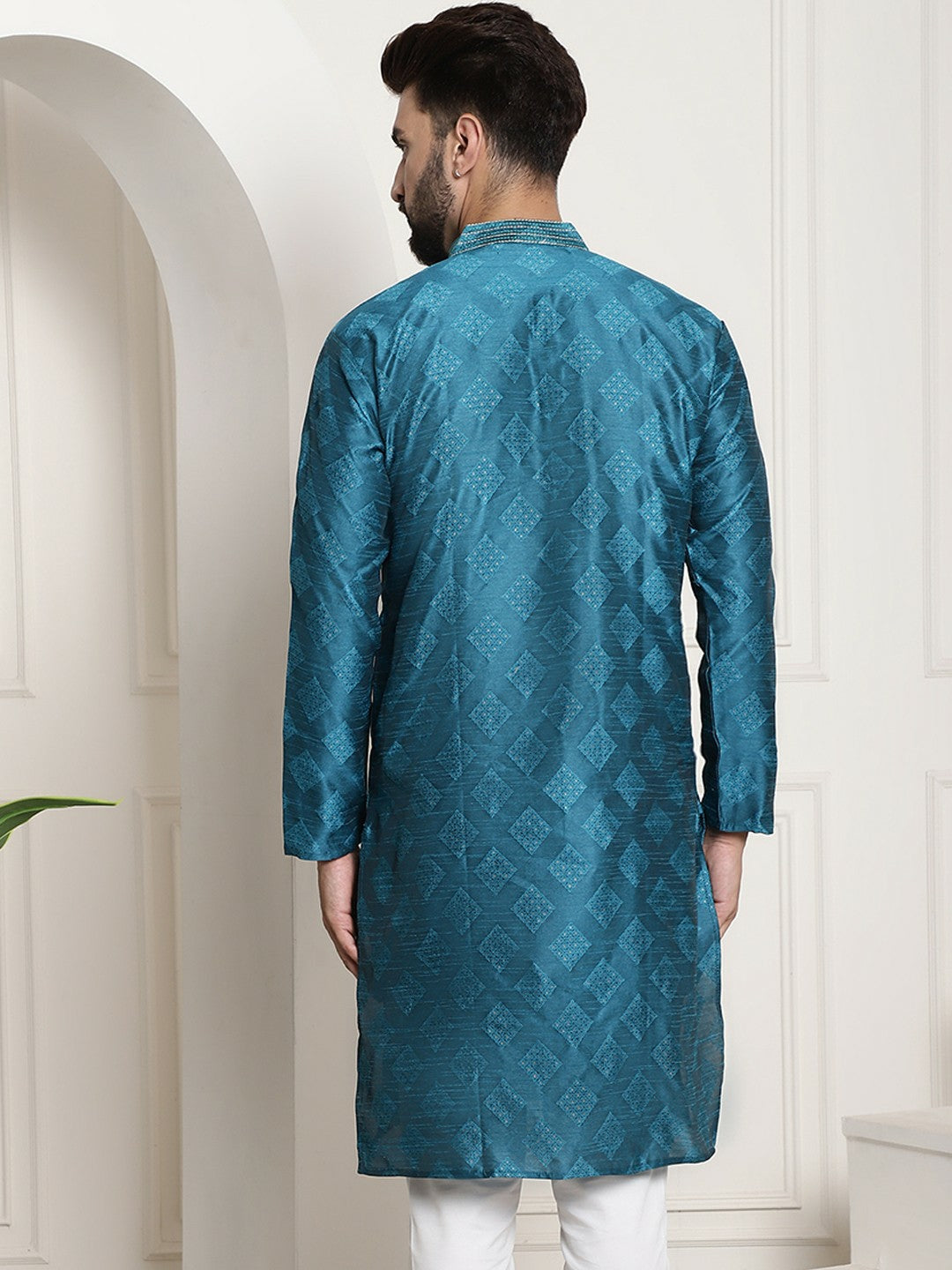 Men's Blue Jacquard Silk Kurta – Mandarin Collar, Woven Design, Knee-Length | Indiaista