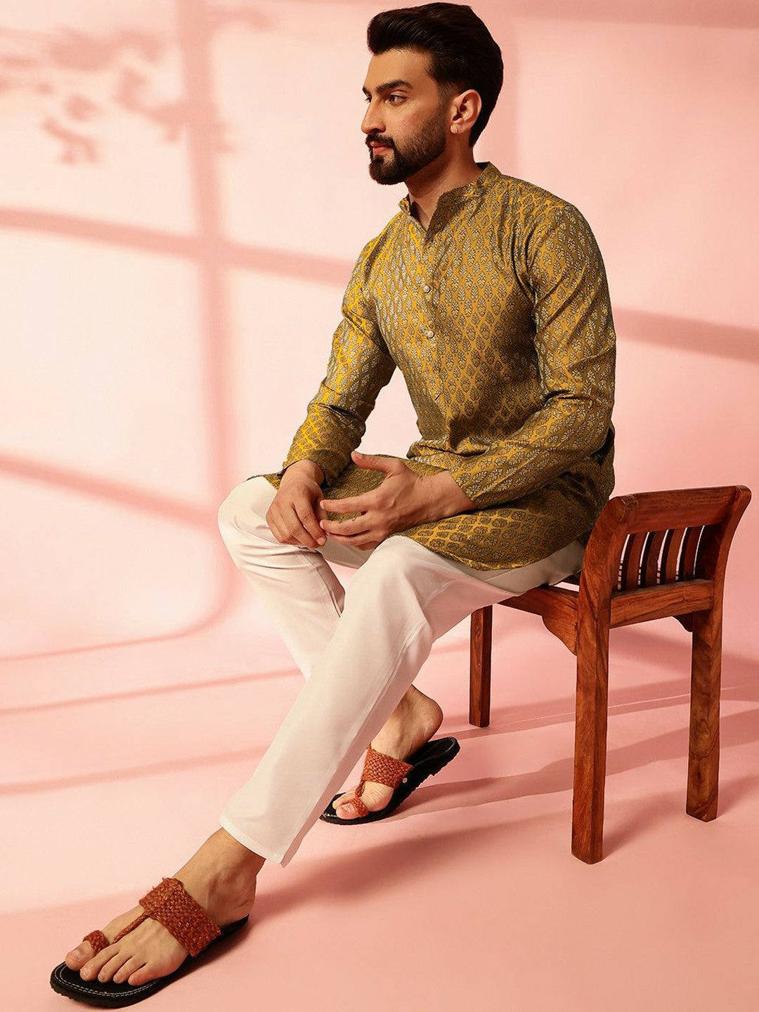 Men’s Mustard Yellow Woven Kurta with Pyjamas – Bold Yet Traditional