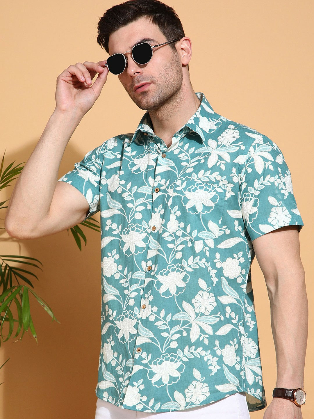 Men’s Blue Floral Printed Cotton Shirt – Slim Fit | Spread Collar
