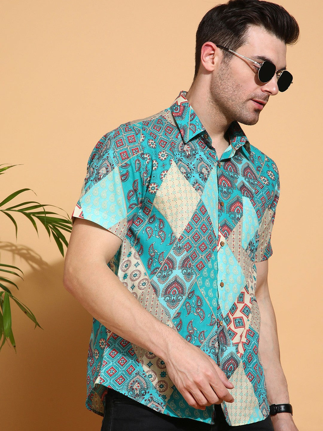 Men's Slim Fit Sky Blue Cotton Shirt with Abstract Print