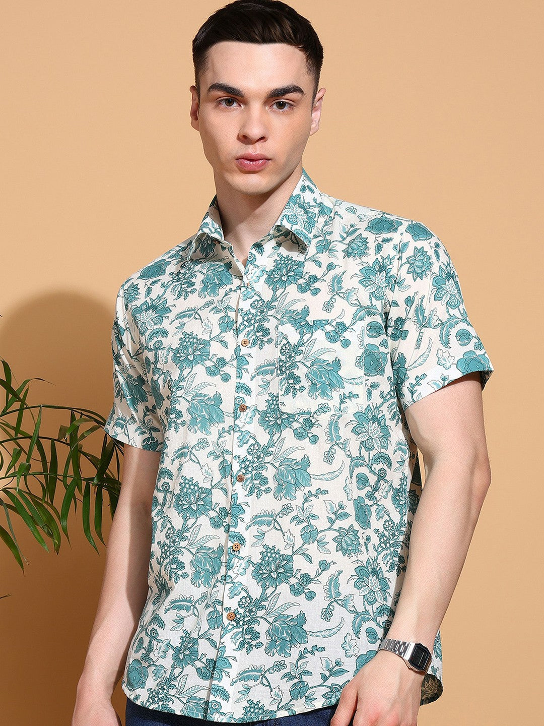 Cream Floral Slim Fit Cotton Shirt for Men Casual & Elegant Indiaista.com Cream Floral Slim Fit Cotton Shirt for Men Casual & Elegant Indiaista.com