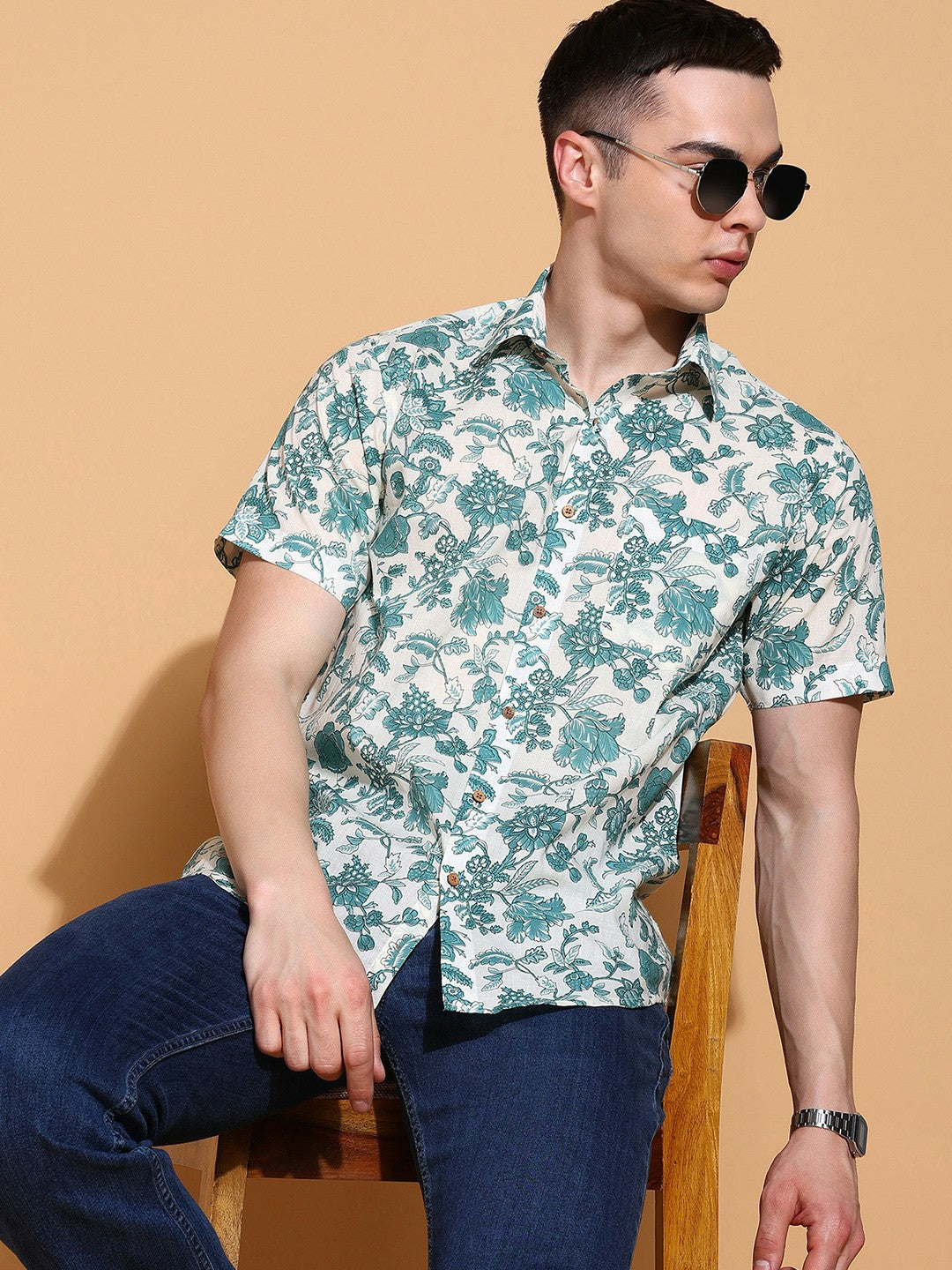 Men's Slim Fit Cream Cotton Shirt with Subtle Floral Print