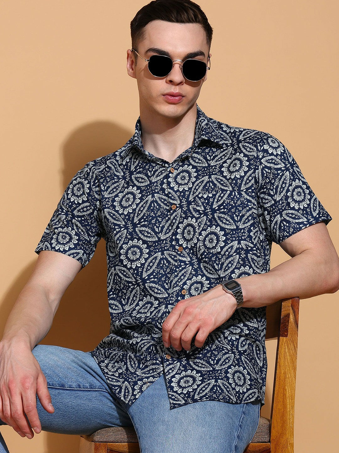 Men's Slim Fit Blue Cotton Shirt with Ethnic Motif Print