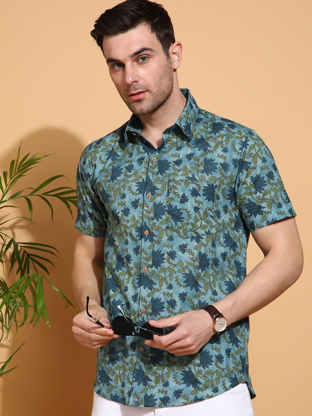 Men's Slim Fit Green Cotton Shirt with All-Over Floral Print