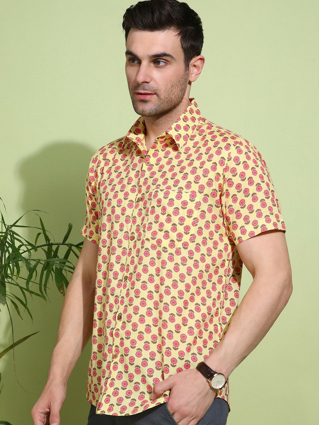 Men's Slim Fit Yellow Cotton Shirt with Floral Design