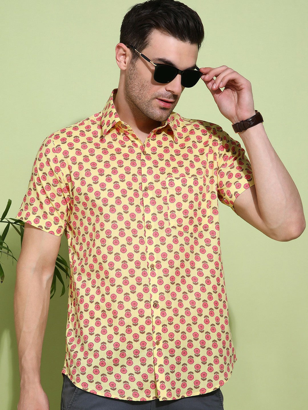 Men's Slim Fit Yellow Cotton Shirt with Floral Design