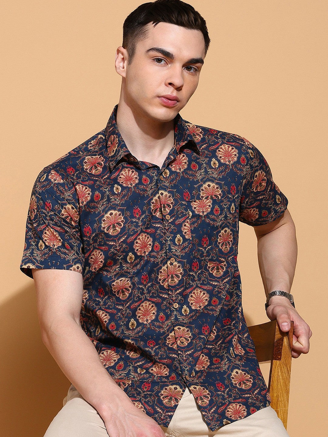 Men's Slim Fit Blue Cotton Shirt with Floral Pattern