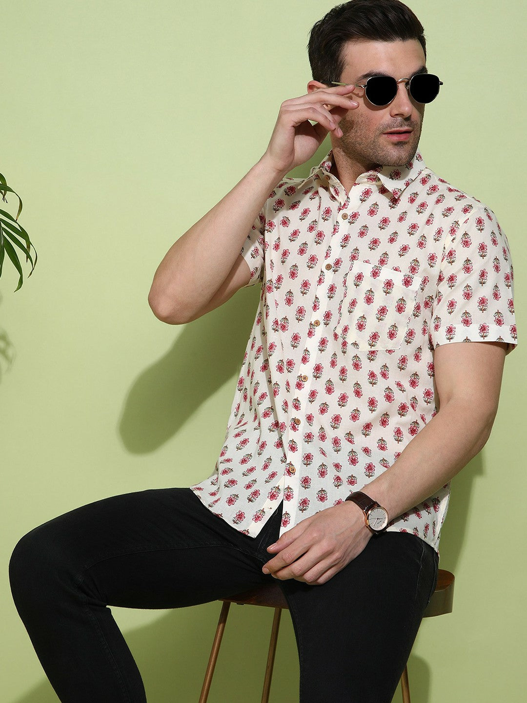 Men's Slim Fit Cream Cotton Shirt with Subtle Check Pattern