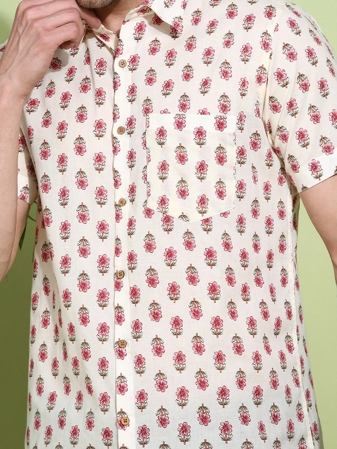 Men's Slim Fit Cream Cotton Shirt with Subtle Check Pattern
